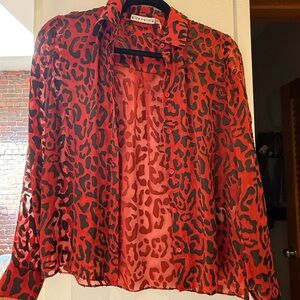 Alice + Olivia Red Black Long Sleeve Notched Collar Blouse